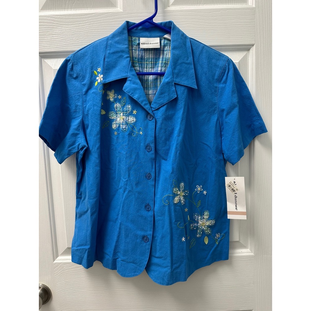 Alfred Dunner Womens Cobalt Blue‎ Floral Embroidered Cotton Grandma Shirt 12